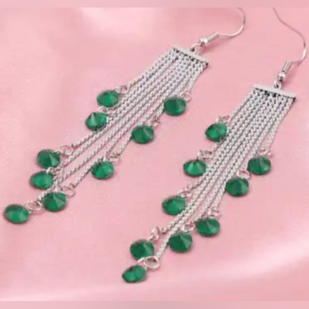 Women's Simulated Green Diamond Silver Toned Stainless Steel Dangle Earrings